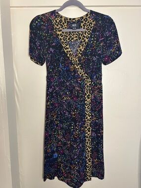 Anthropologie Black Floral Midi Dress with Leopard Trim